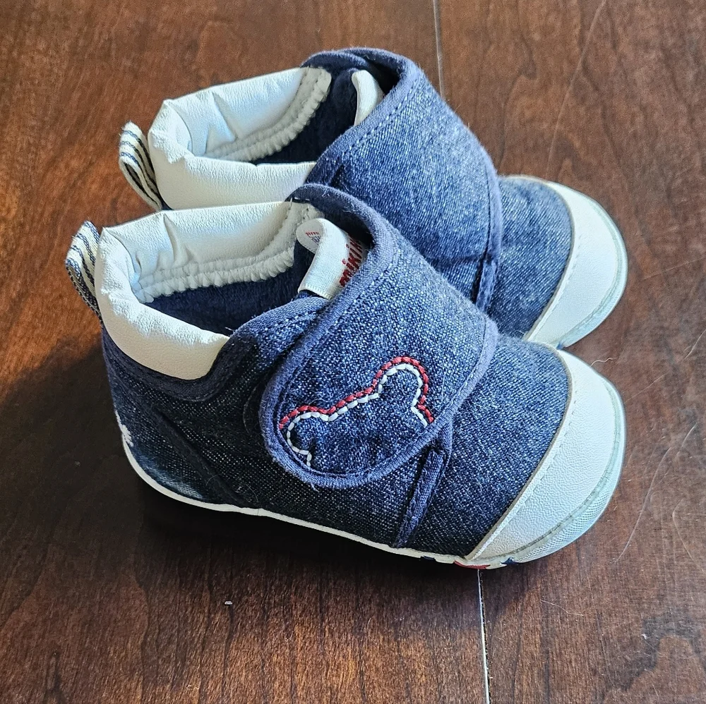 Miki House Classic Denim Baby Shoes with Bear Patch